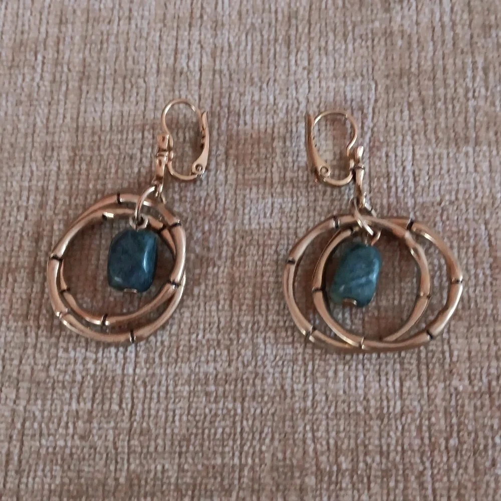 Gold Tone Dangle Jade Lever Back Earrings